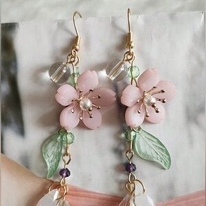 Alloy Super Sweet Pink Flower Teardrop Pendant Dangle Earrings